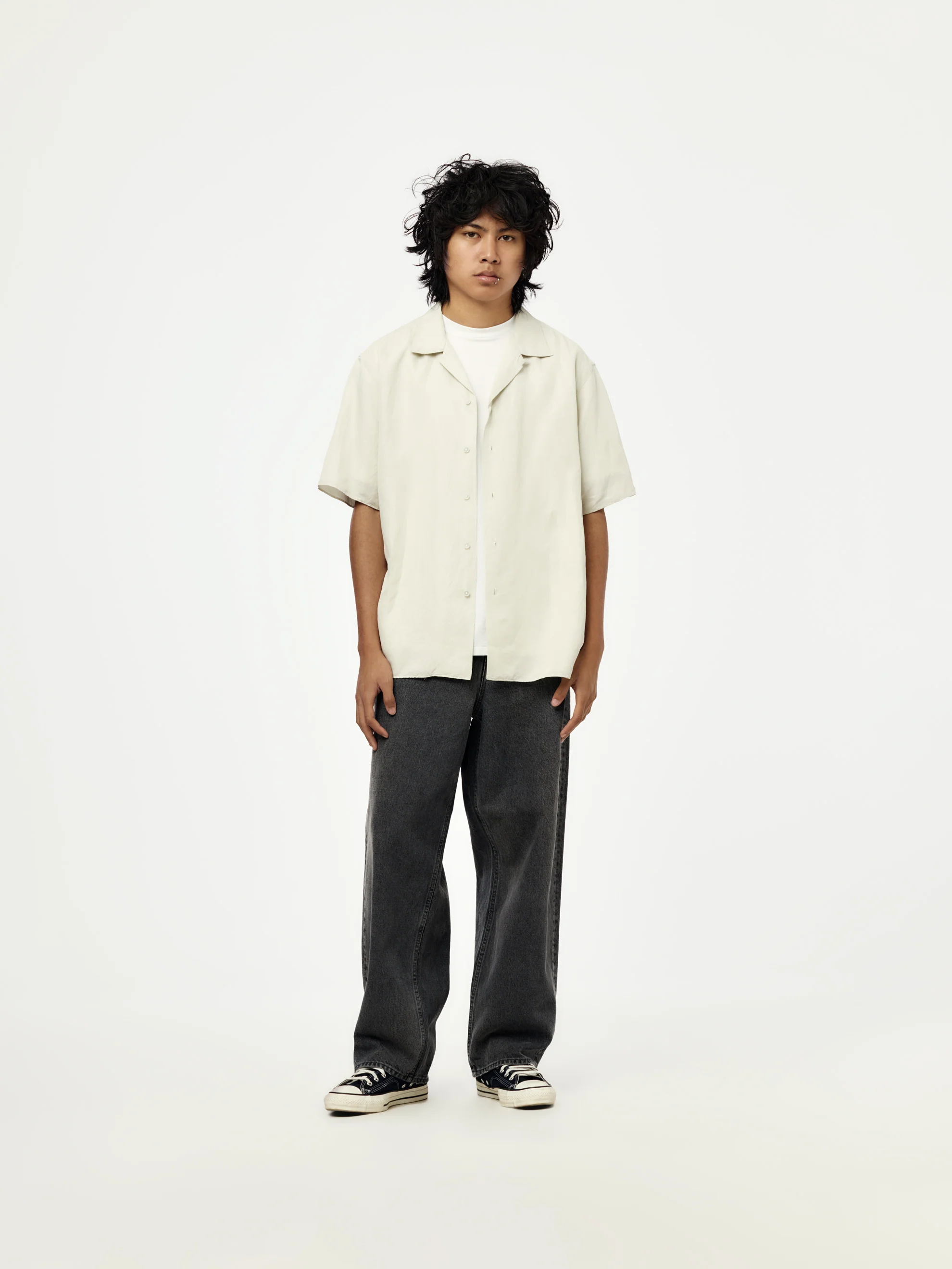 Vintage Silk Linen Short-Sleeve Open Collar Shirt (Ecru) - Image 4