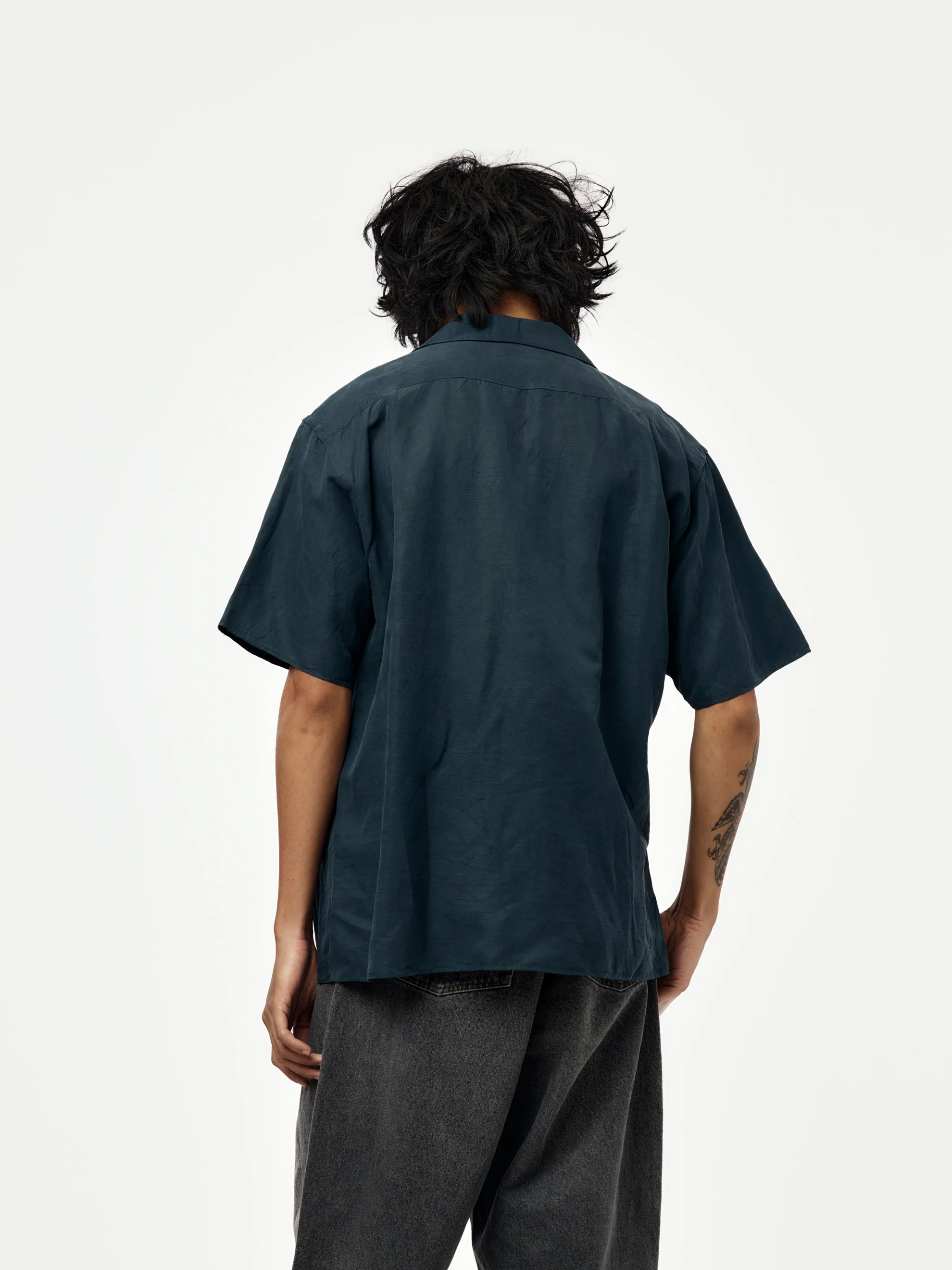 Vintage Silk Linen Short-Sleeve Open Collar Shirt (Navy) - Image 3