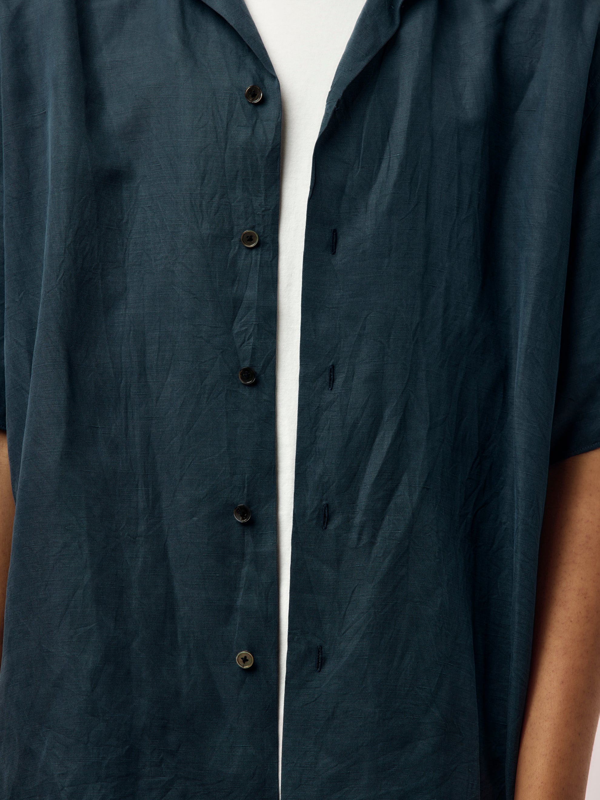 Vintage Silk Linen Short-Sleeve Open Collar Shirt (Navy) - Image 6