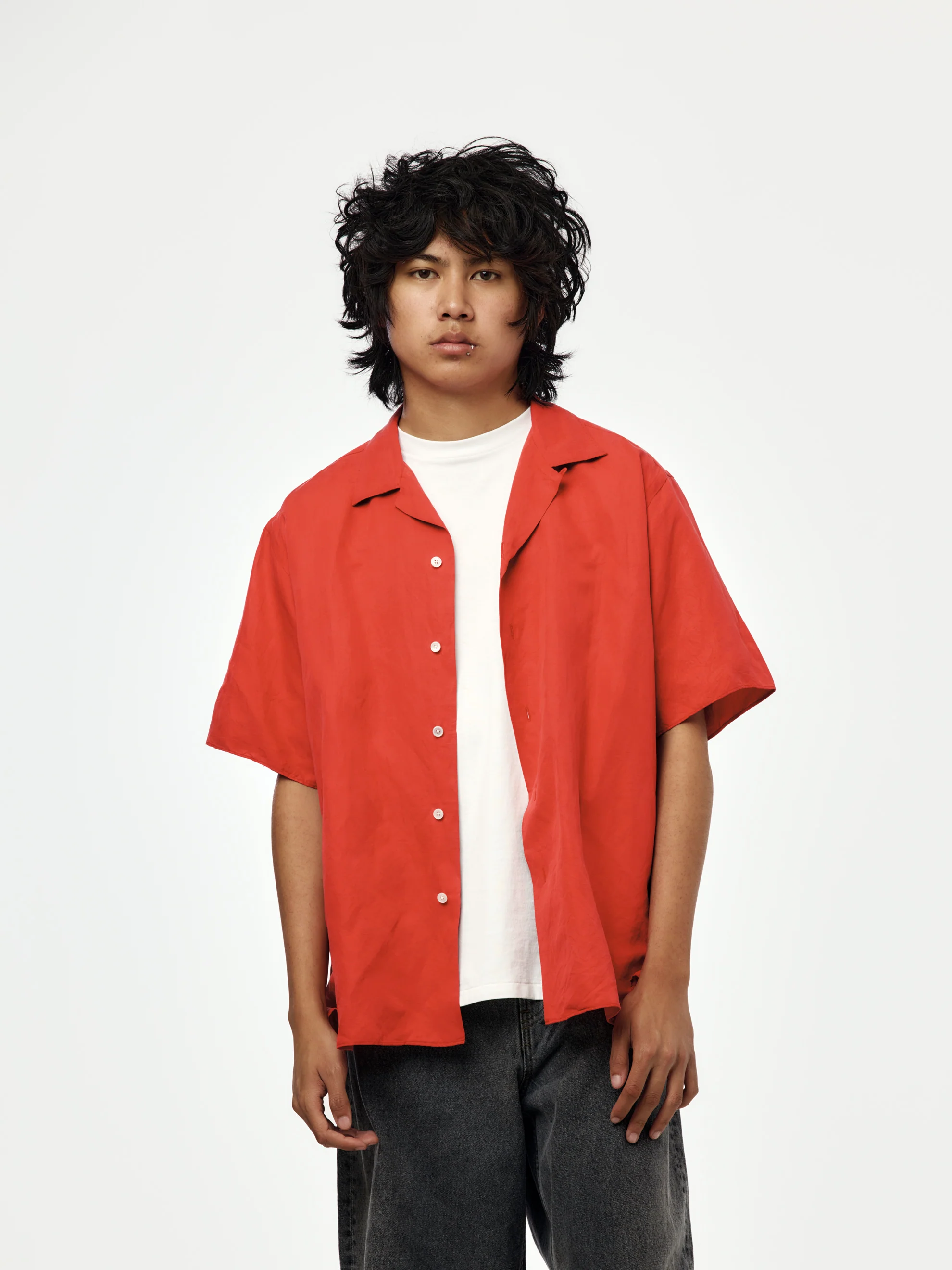 Vintage Silk Linen Short-Sleeve Open Collar Shirt (Red)