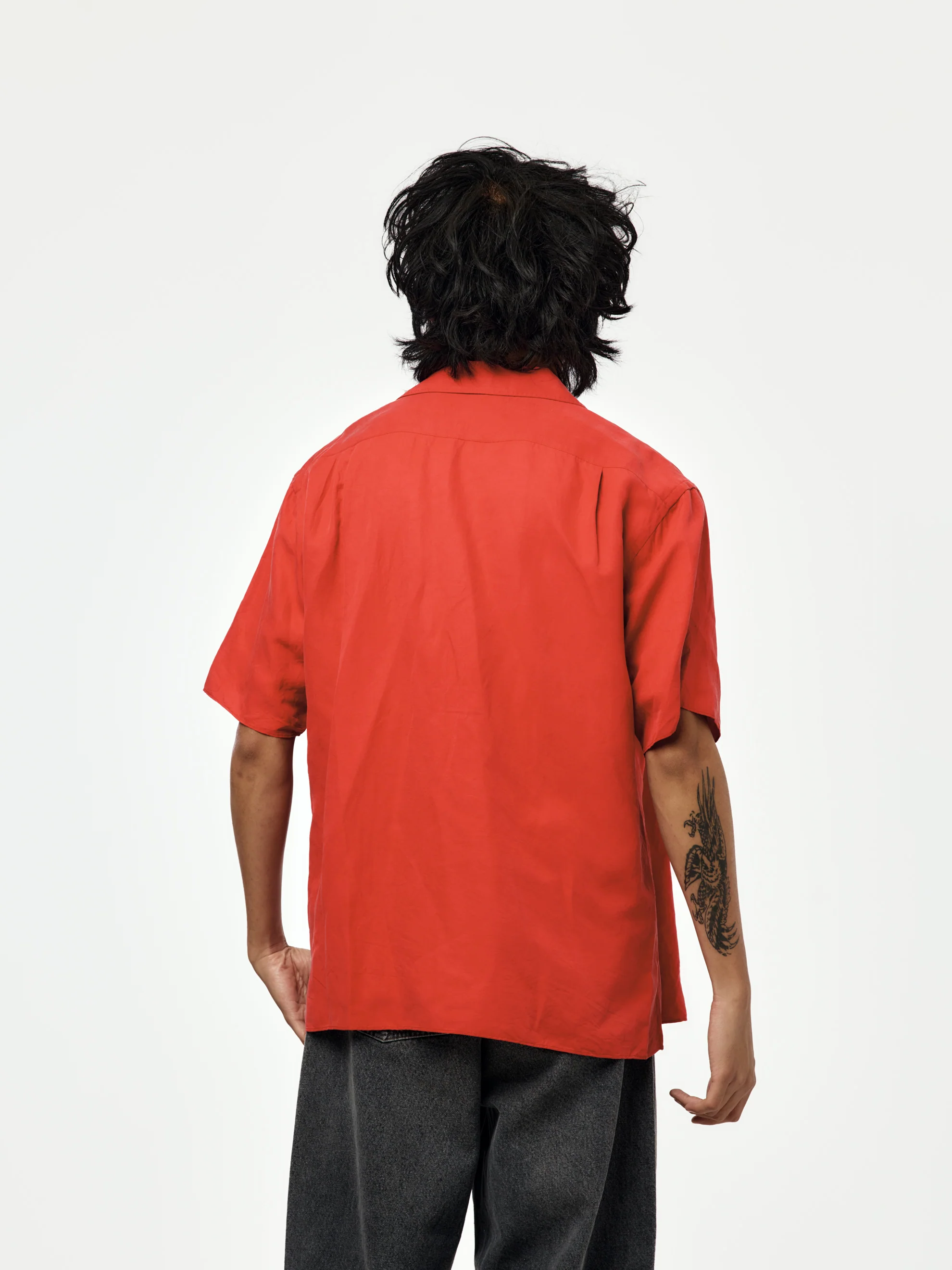 Vintage Silk Linen Short-Sleeve Open Collar Shirt (Red) - Image 3