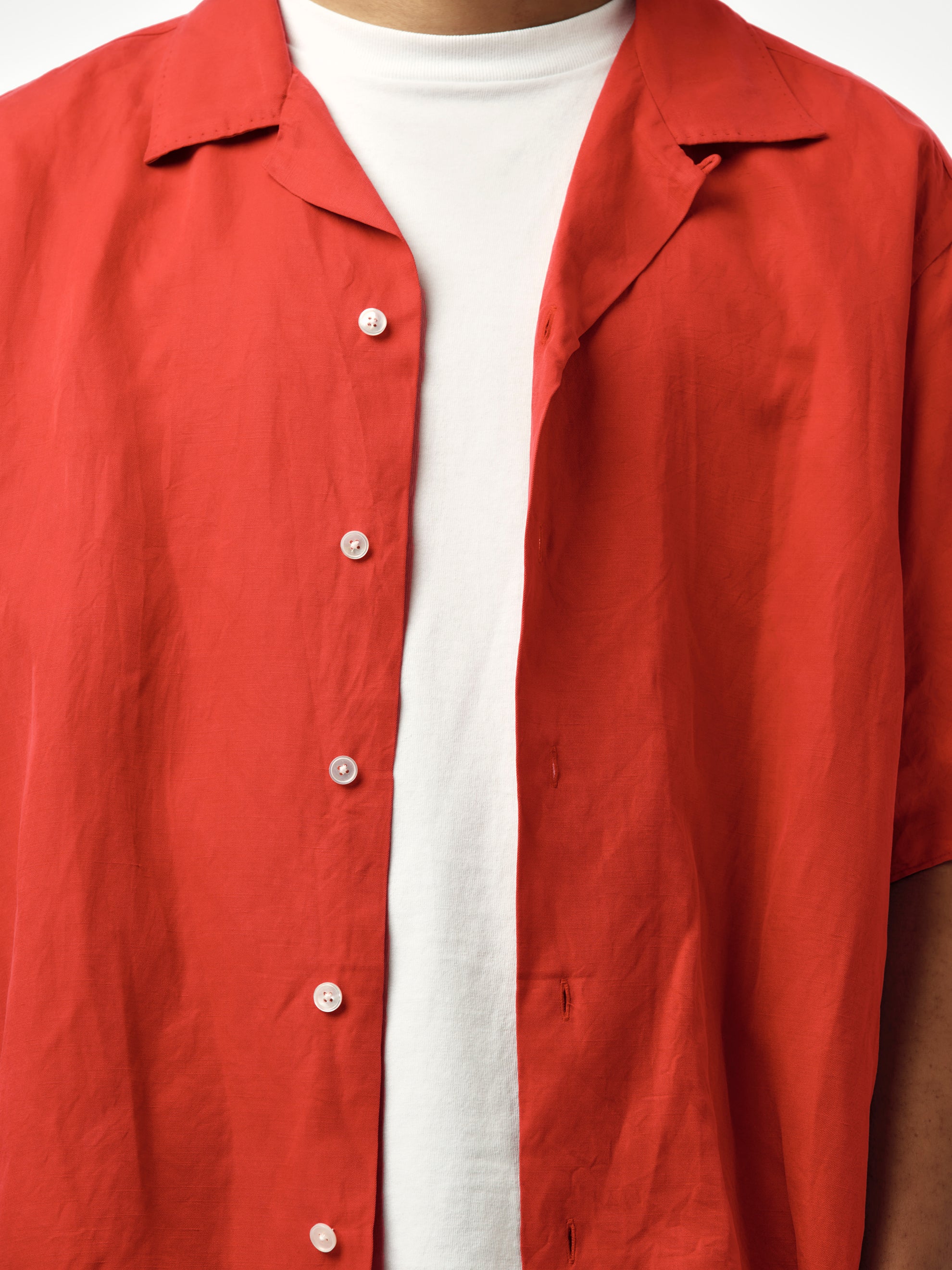 Vintage Silk Linen Short-Sleeve Open Collar Shirt (Red) - Image 6