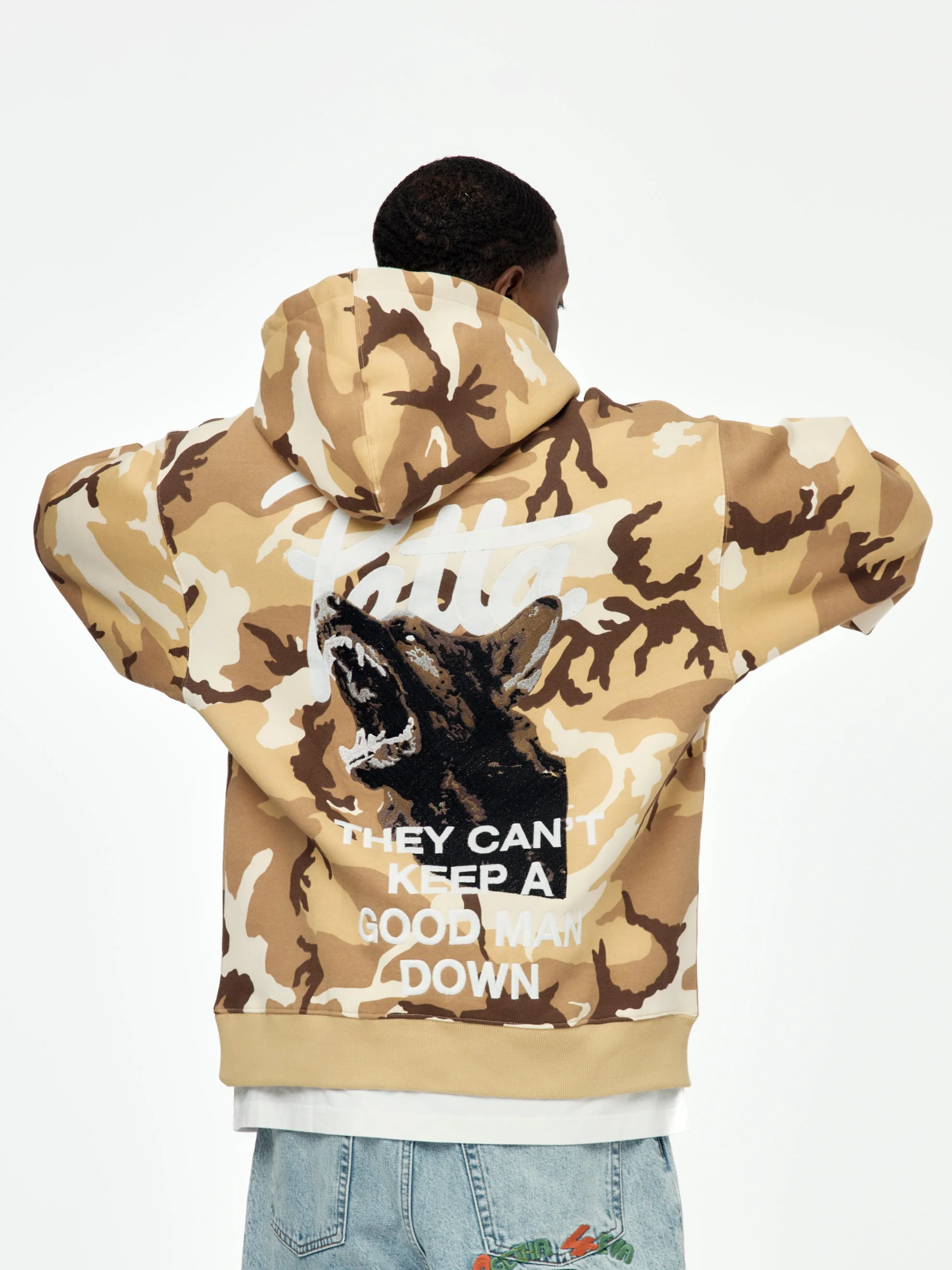 Bark Woodland Camo Boxy Hooded Sweater (Sand Dollar)