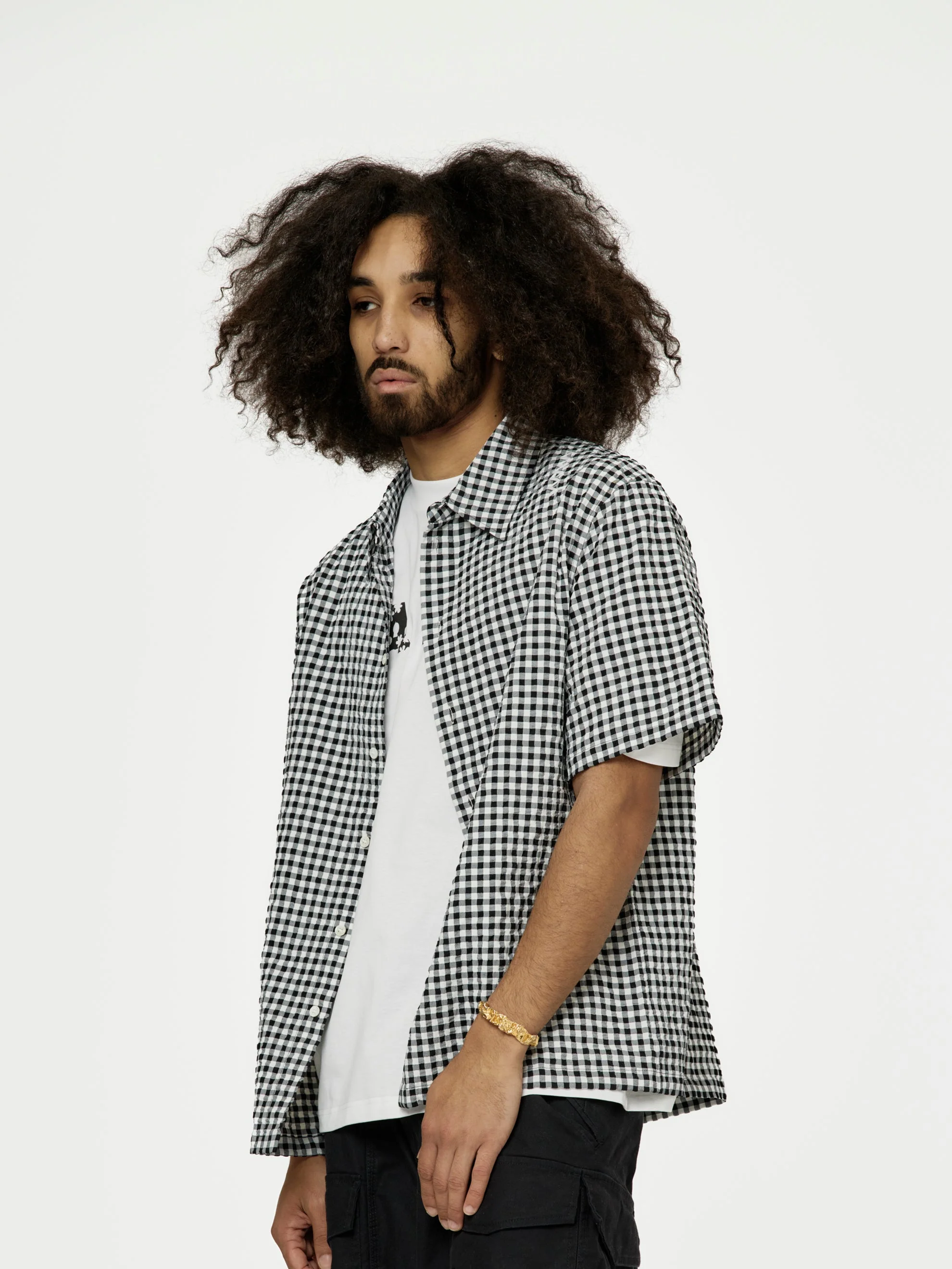 Gingham Seersucker Short-Sleeved Shirt (Black) - Image 2