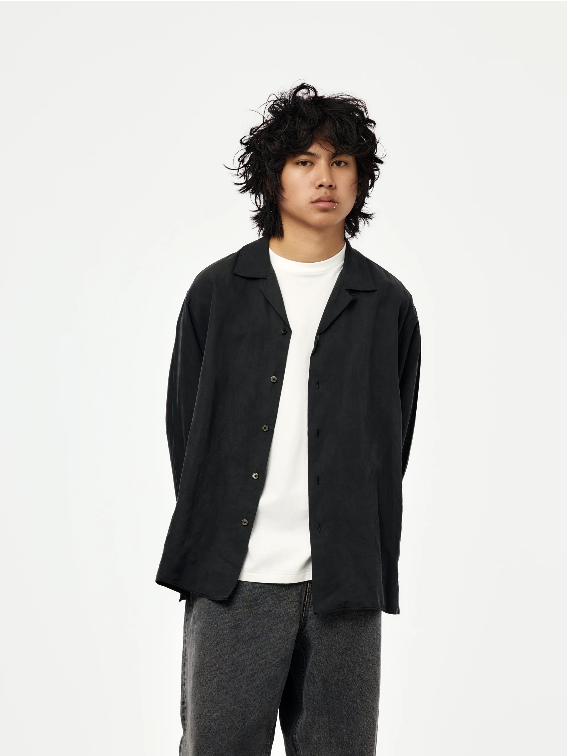 Vintage Silk Linen Open Collar Shirt (BLACK) (SIS)