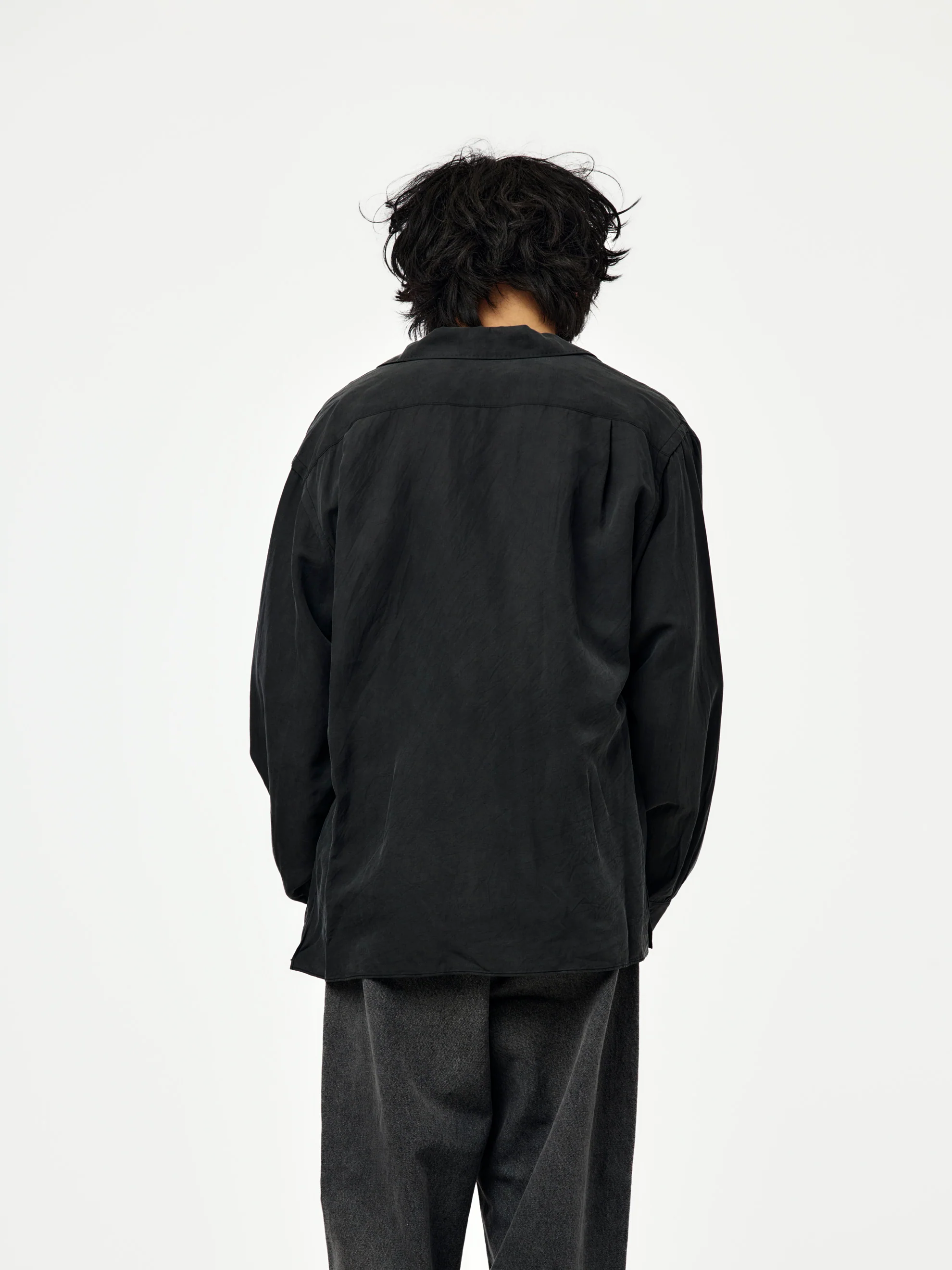 Vintage Silk Linen Open Collar Shirt (BLACK) (SIS) - Image 3