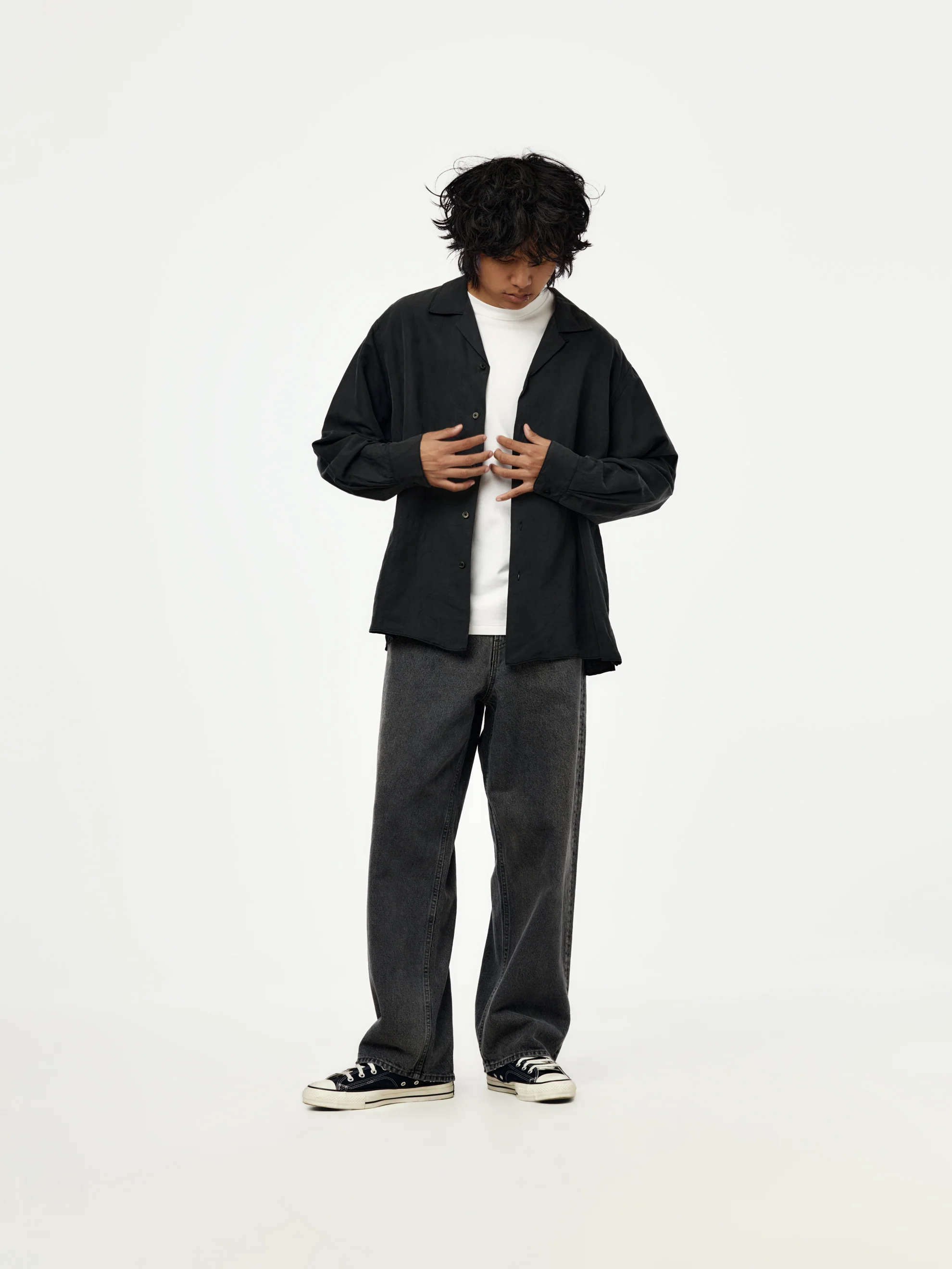 Vintage Silk Linen Open Collar Shirt (BLACK) (SIS) - Image 4
