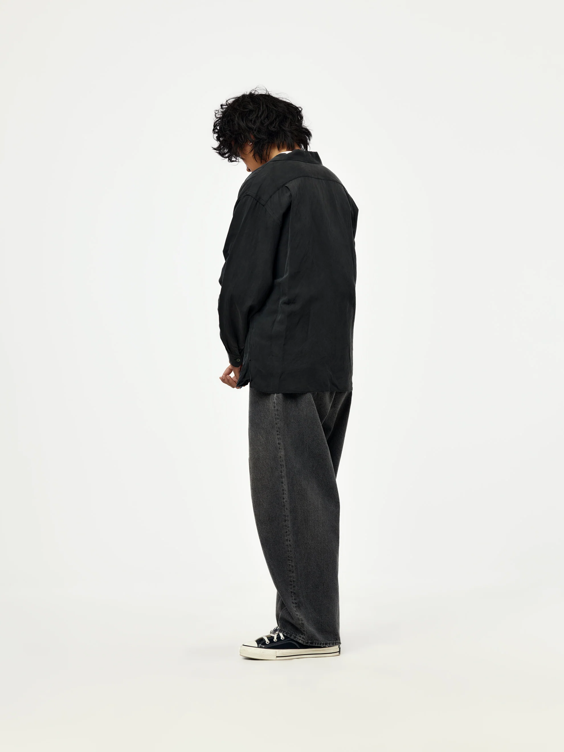 Vintage Silk Linen Open Collar Shirt (BLACK) (SIS) - Image 5