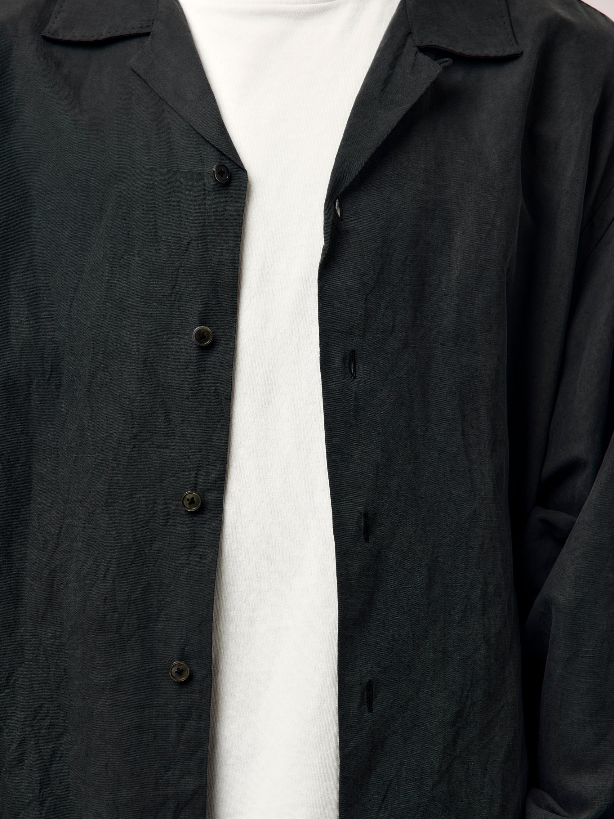 Vintage Silk Linen Open Collar Shirt (BLACK) (SIS) - Image 6